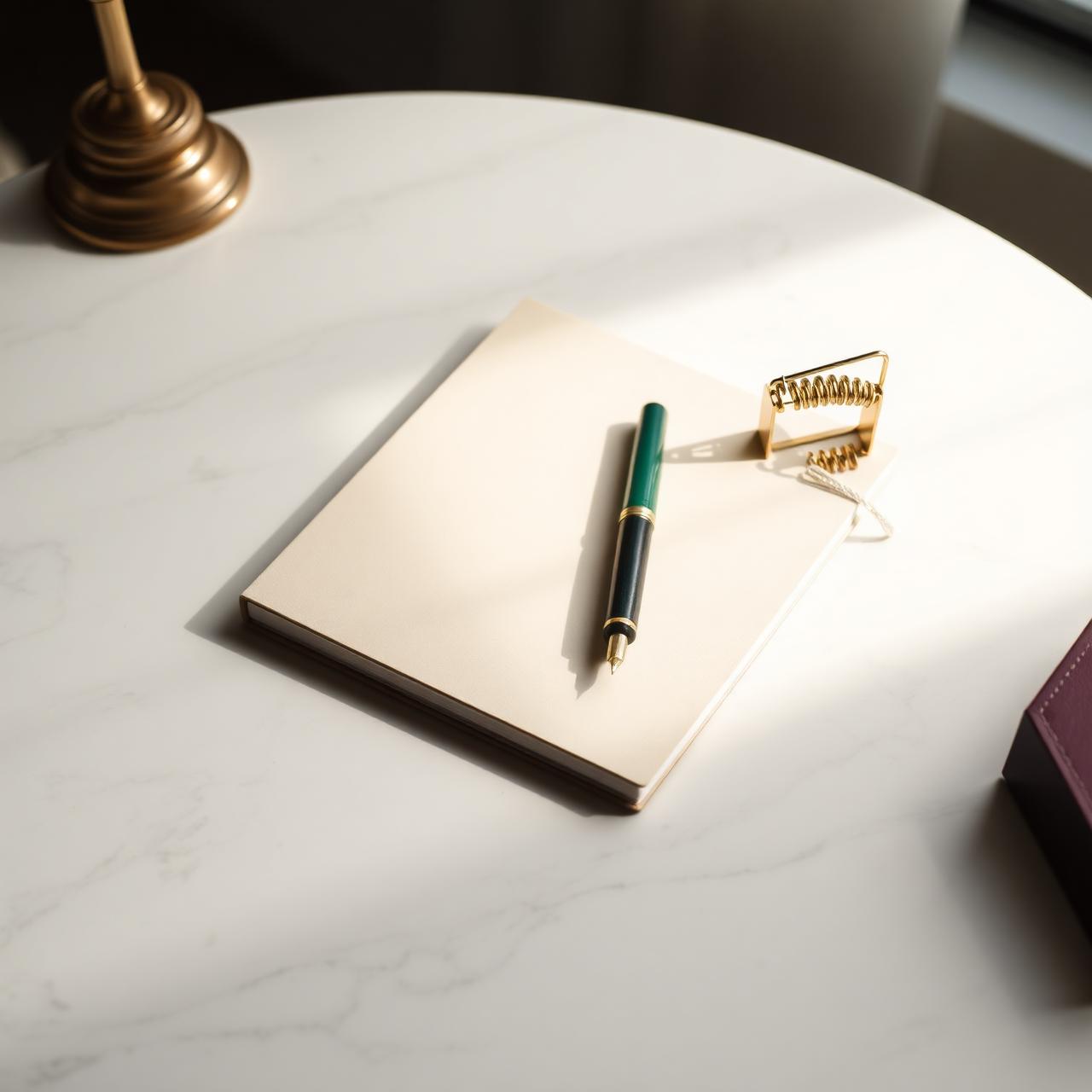 Mesa de trabalho com caderno e caneta